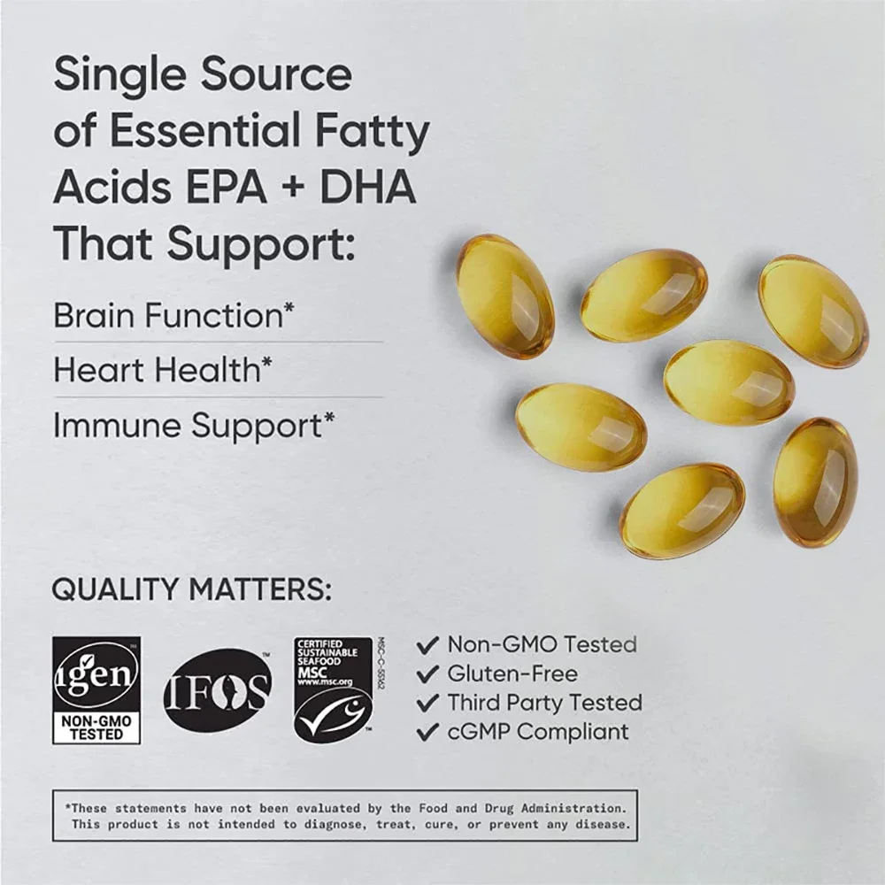 Omega 3 Fish Oil - EPA and DHA Fatty Acids From Alaskan Pollock - Provides Heart, Brain and Immune Support for Men and Women