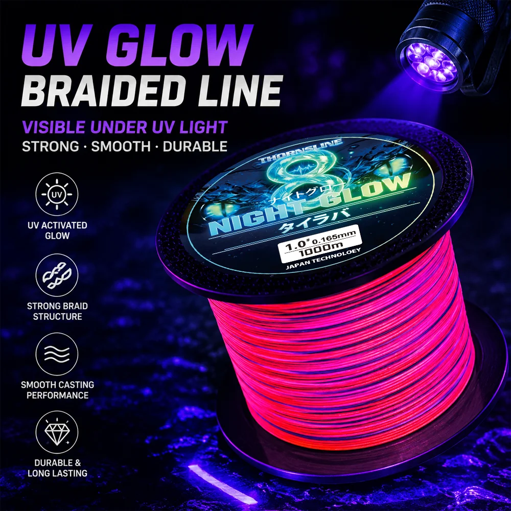 Thornsline 8X UV Glow Geflochtene Angelschnur 1000M Nachtleuchtende PE-Schnur Superstark abriebfester Multifilament-Draht für die Nacht