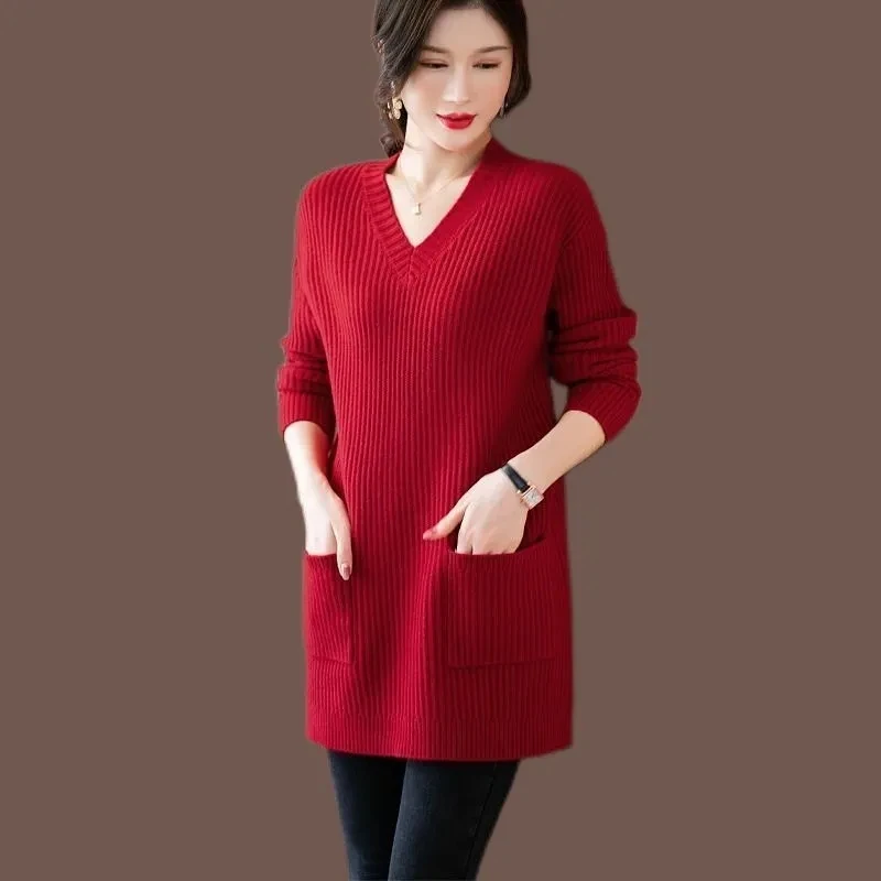 Large Size Women Knitting Sweater Dress And Pullover 2024 New Female Fashion High-end Mid length Wool Knitted Sweaters