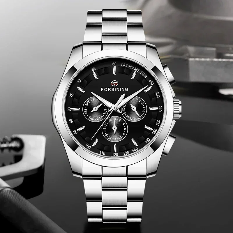

Черные мужские механические часы Forsining, 3-циферблатный календарь, автоматические часы с автоподзаводом, деловые спортивные наручные часы с ремнями из нержавеющей стали