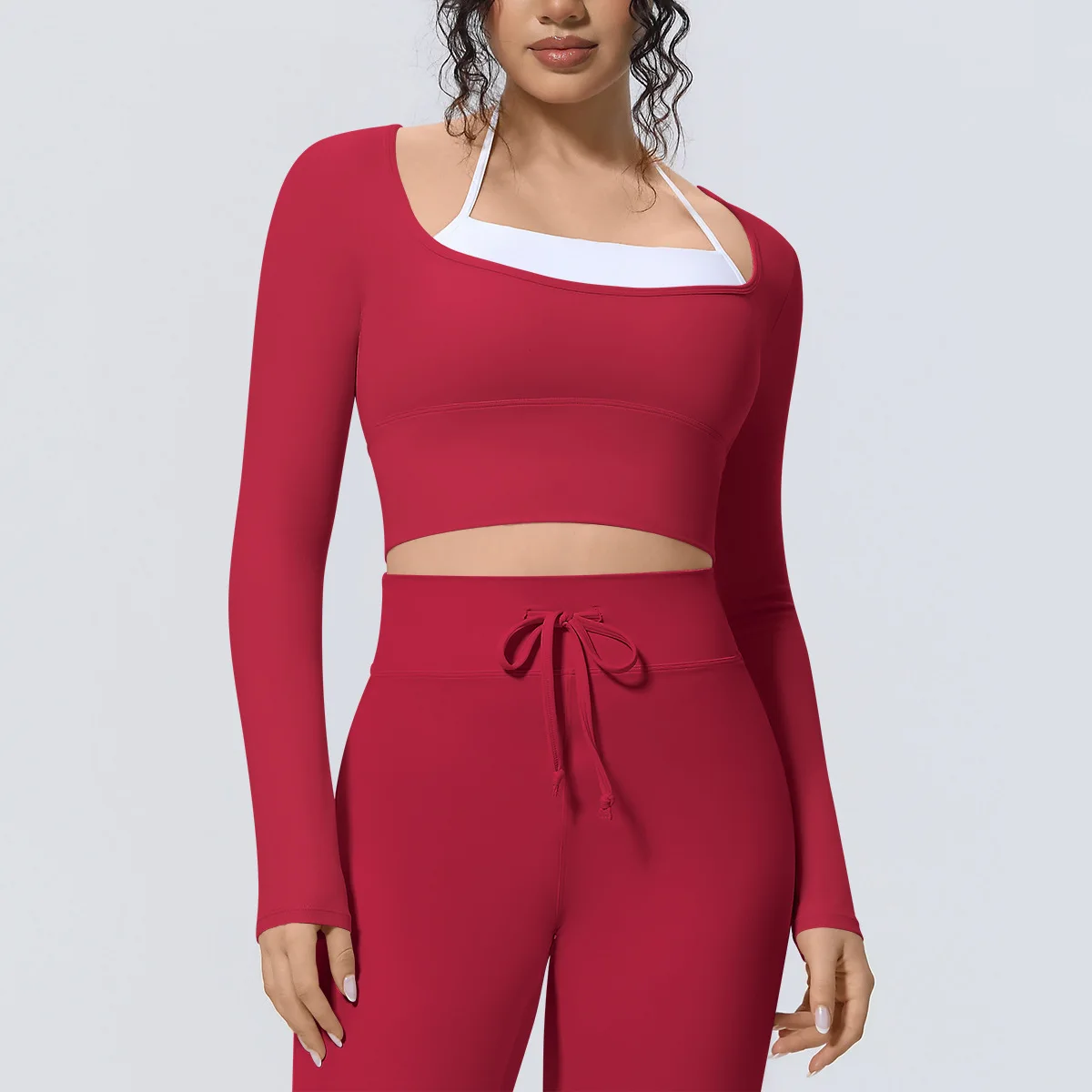Stylish Women's Square Neck Long Sleeve Crop Top Slim Fitted Stretchy Breathable Workout Gym Running Fitness Yoga Top Sportswear