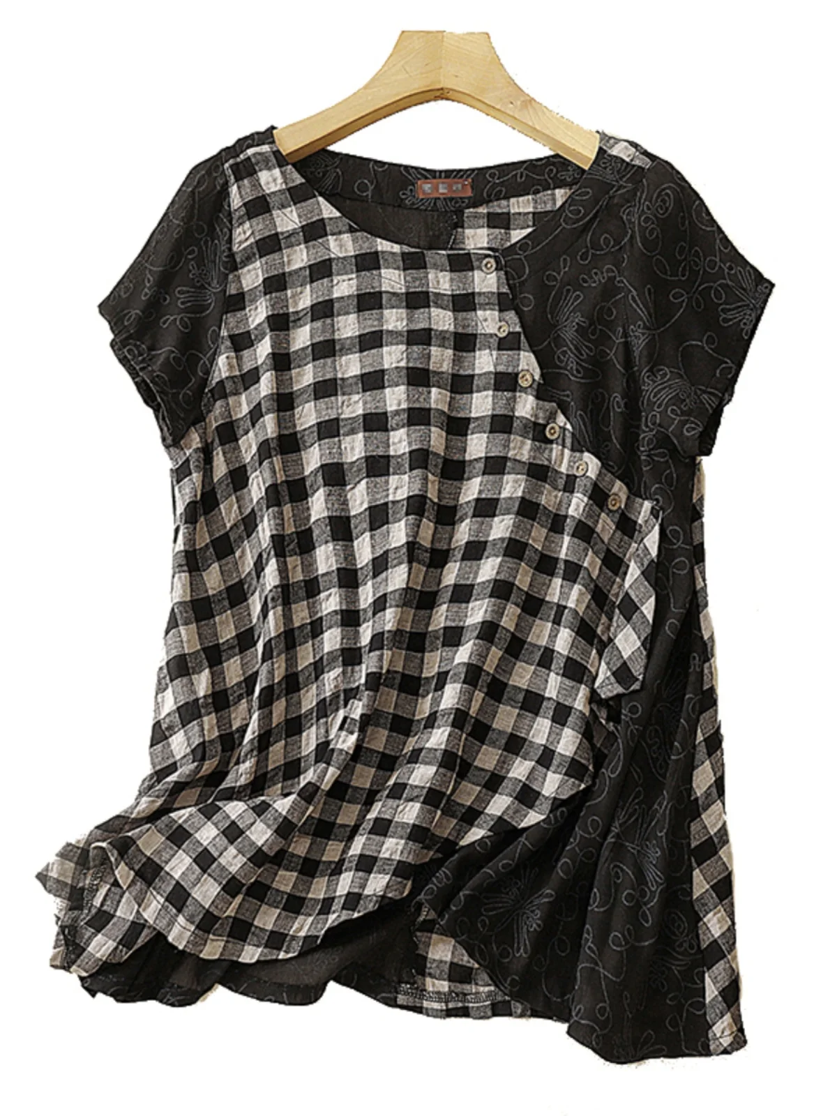 Retro Contrast Color Splicing Cotton Linen ort Sve irt Large Size Women's Faion round Ne Oblique Flap Irregular To...