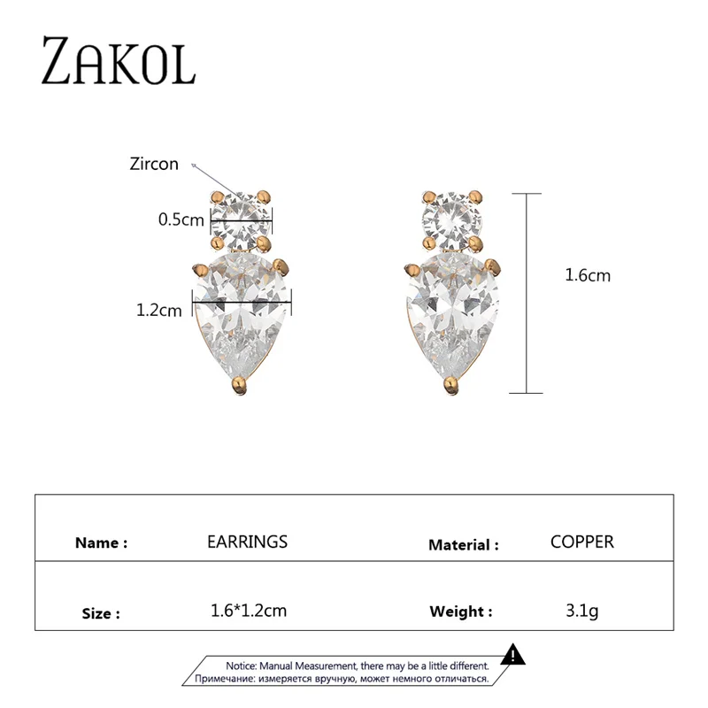 ZAKOL Fashion Mutilcolor Water Drop Zircon Stud Earrings for Women Blue Green Cubic Zirconia Earring Wedding Party Jewelry