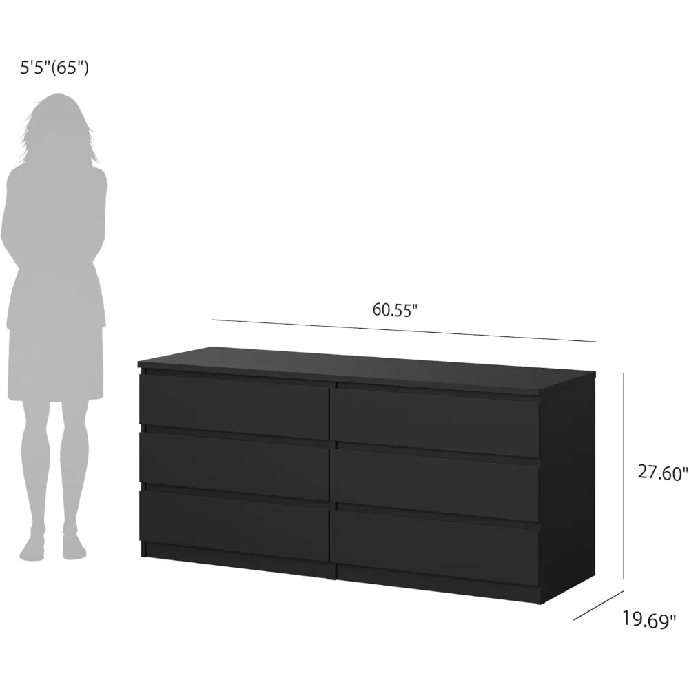 Contemporary Black 6-Drawer Double Dresser with Handle-free Design and 3D Interactive Assembly Guide