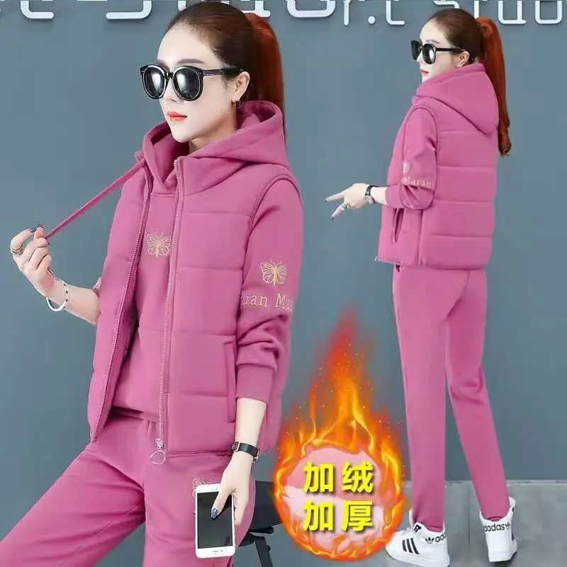 2-teilige Damen-Sets 2026 Herbst Verdickte Fleece-Sportbekleidung Weste+Hoodie+Hose Neue Kälteschutz-Wintermantel-Sets Damenbekleidung