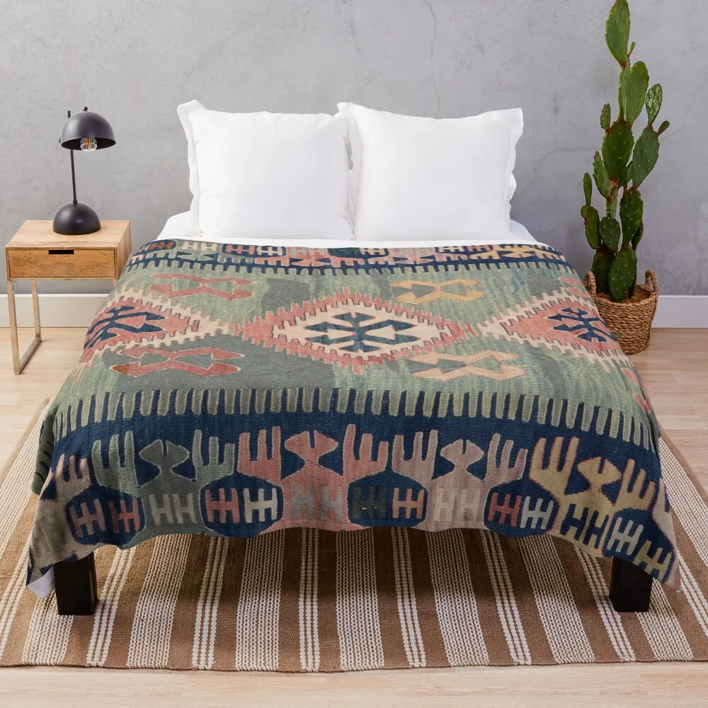 

Vintage Anatolian Turkish Kilim Fragment Throw Blanket