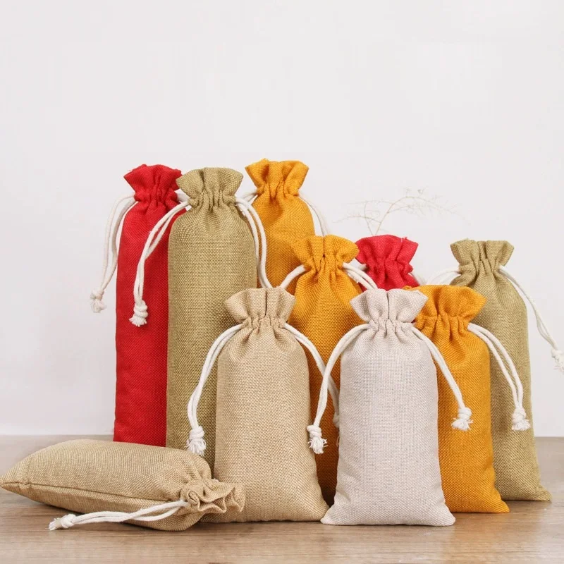

50pcs/lot 8*16cm, 8*19cm, 8*24cm Reusable Gift Pouches Burlap Linen Drawstring Dustproof Bags Party Decoration Customised Logo
