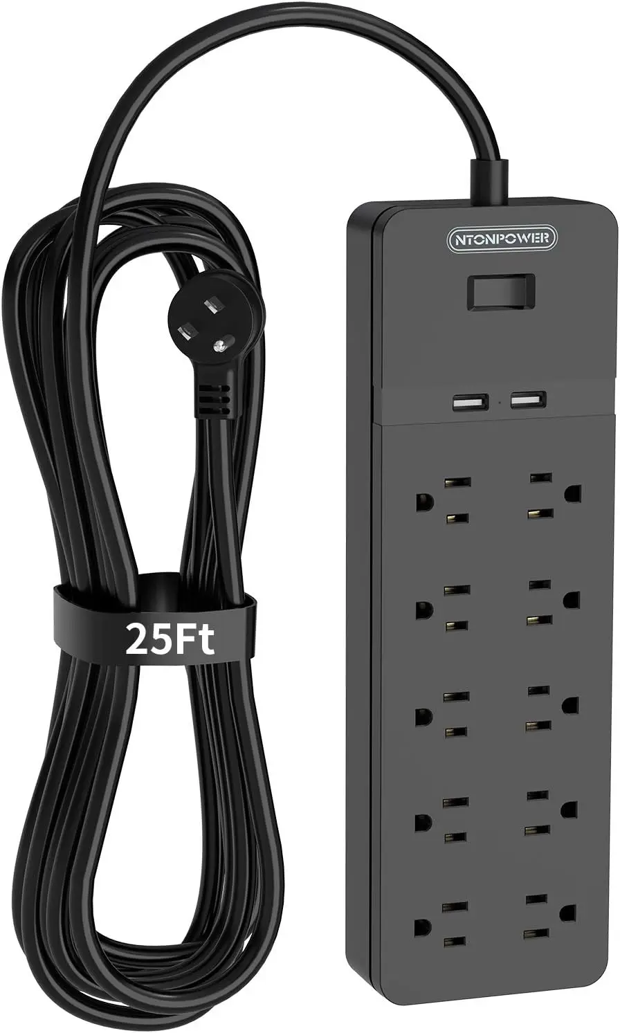 US Plug Power Strip 10 AC Outlets 2 USB Ports 25 Ft Extension Cord 1080J Surge Protection Network filter socket extension