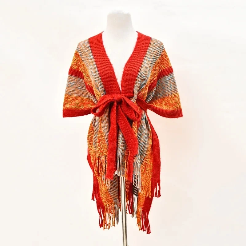 

Spring Autumn Tassels Waistband Shawl Imitating Cashmere Women Fashion Street Poncho Lady Capes Orange Cloaks