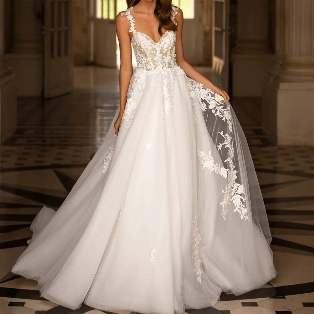 

Church Wedding Dresses Ivory Elegant Spaghetti Straps Lace Appliques Tulle Princess Haute Couture Dress Marriage Bridal Gowns