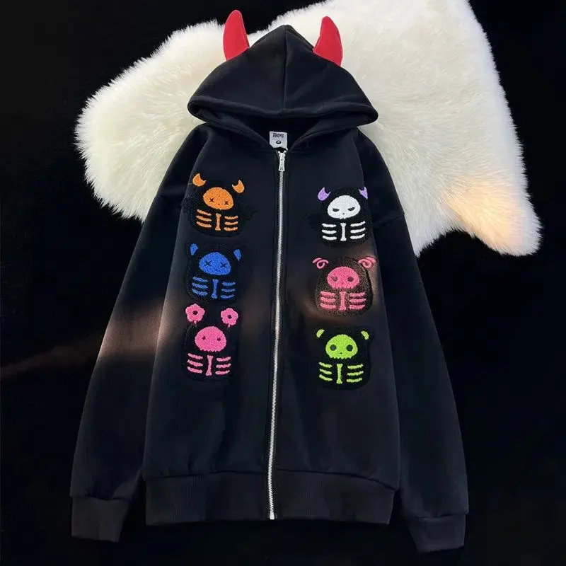 Harajuku Little Demon Hoodies Women Devil Horn Design Sweater Student Top Goth Sweatshirt High Street Zip Up Hoodie Y2k Clothes