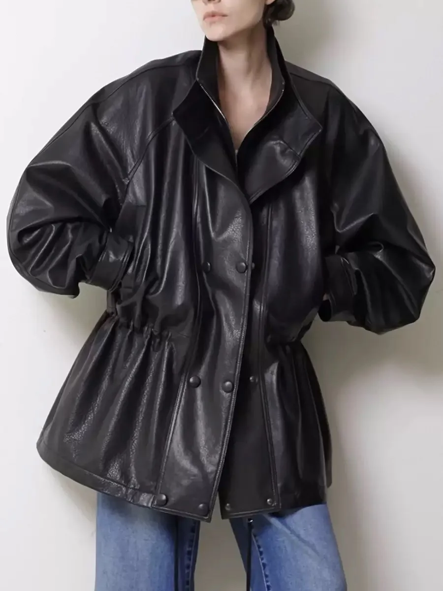 Giacca in pelle di pecora conciata alla moda per donna 2025 Nuovo colletto a doppio strato Vita pieghettata Cappotto lungo midi Giacca nera Dame