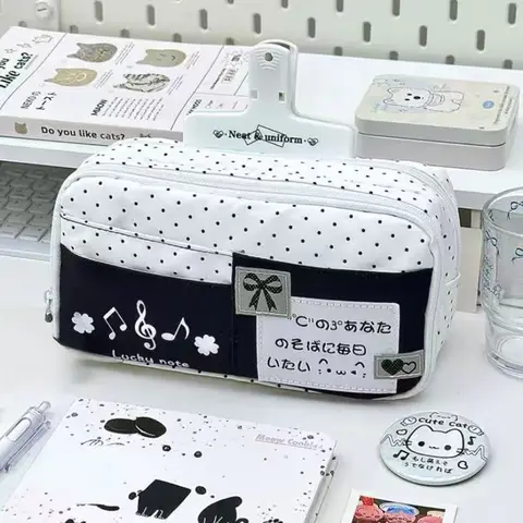 Cute Cat Polka Dot Pencil Case Blue Multi-Layer Large Capacity Pen Bag Portable Student School Stationery Storage Pouch