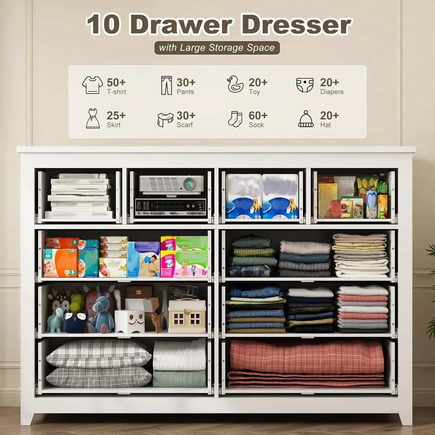 Cômoda branca, cômoda para quarto com 10 gavetas profundas Cômoda de madeira com trilho de metal liso, cômodas grandes e cômodas