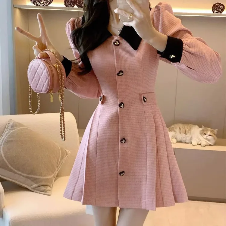 Korejepo French Small Fragrant Dress Women Pink Autumn New Waist Thin Senior Explosion Commuter Jacket Sweet Chic Dresses