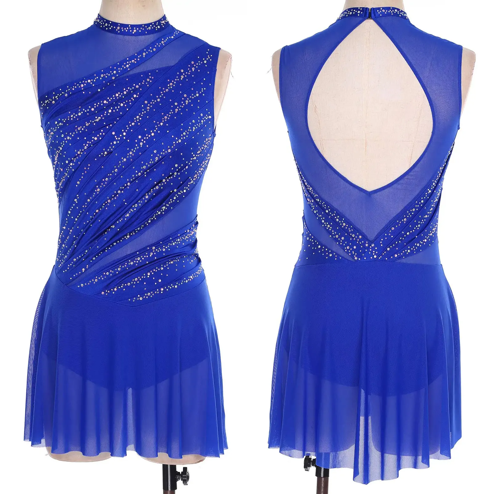 レディース体操バレエ叙情的ダンスレオタードドレスラインストーン装飾メッシュスカートドレスモダンコンテンポラリーダンス衣装