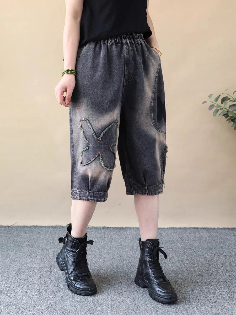 

Ретро Four Le Лоскутные потертые джинсовые брюки из шести частей Женские свободные тонкие летние брюки с высокой талией Глубокий цвет Harlan P...