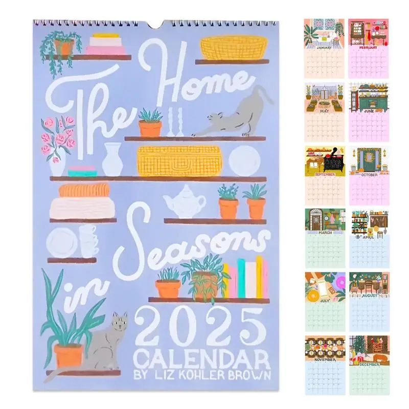 Cute Calendar Hand Painted Animals Plants Monthly Planner Large Ruled Blocks Family Calendar 12 Months Schedule Organizer For