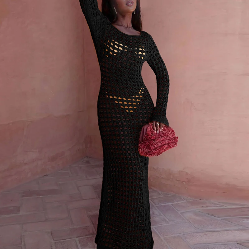 

Summer O Neck Cover-up Beach Holiday Dresses Women's Hollow Long Beach Dress Sexy Flare Sleeve Solid See-through Wrap Hips Dress