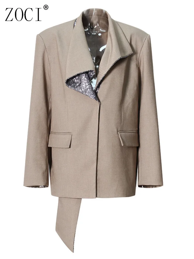 

ZOCI Fashion Versatile Design Lapel Sequin Blazer Women's Loose Covered Button Long Sleeves Khaki Irregular Suit Jacket New