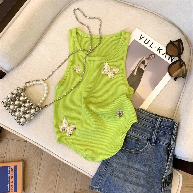 Butterfly Slim Knit Sweater Vest For Women Stylish Sexy Fashion Chic Crop Tops 2024 Summer Sleeveless O-neck Knitwear Jumpers