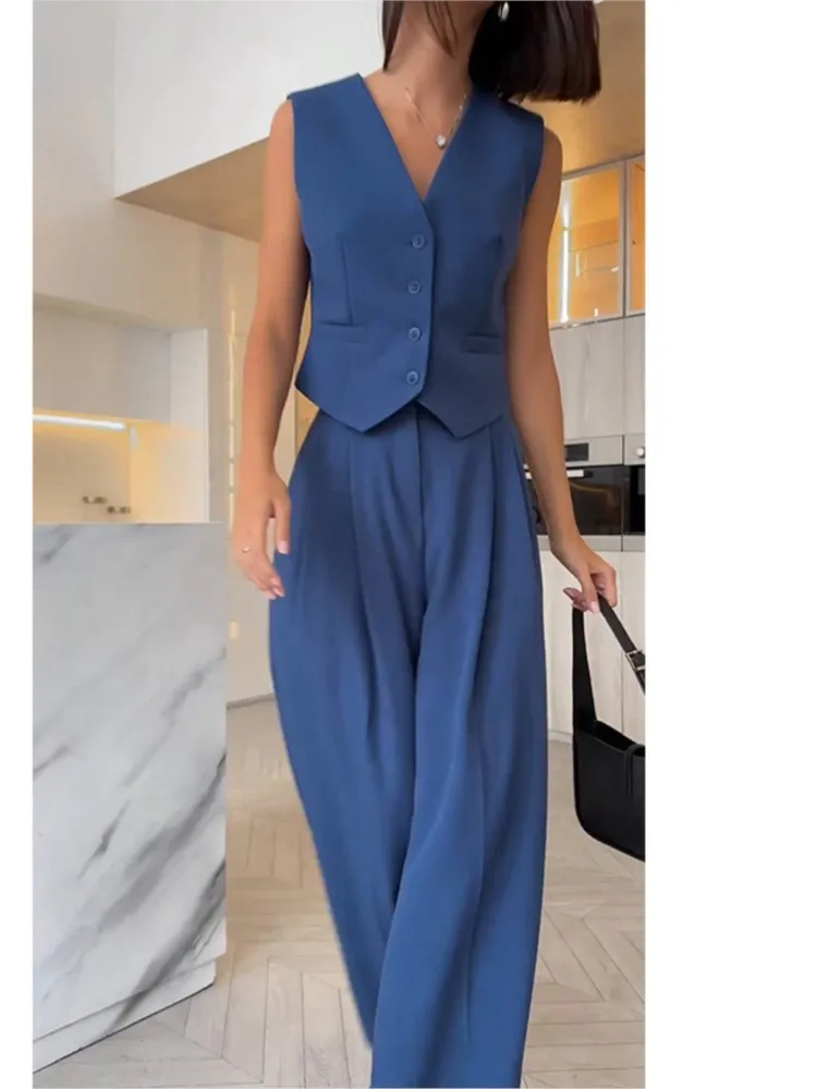 casual sleeveless suit set office lady spring summer elegant slim v-neck blazer tops pants two piece set women outfit 2024