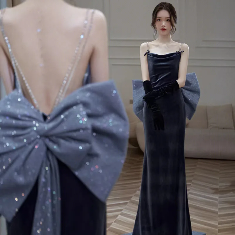 

Blue Evening Gown Women's 2024 Host Ball Sexy Bal Strapl Tailored Dr Ele Sle High Waist No Sve