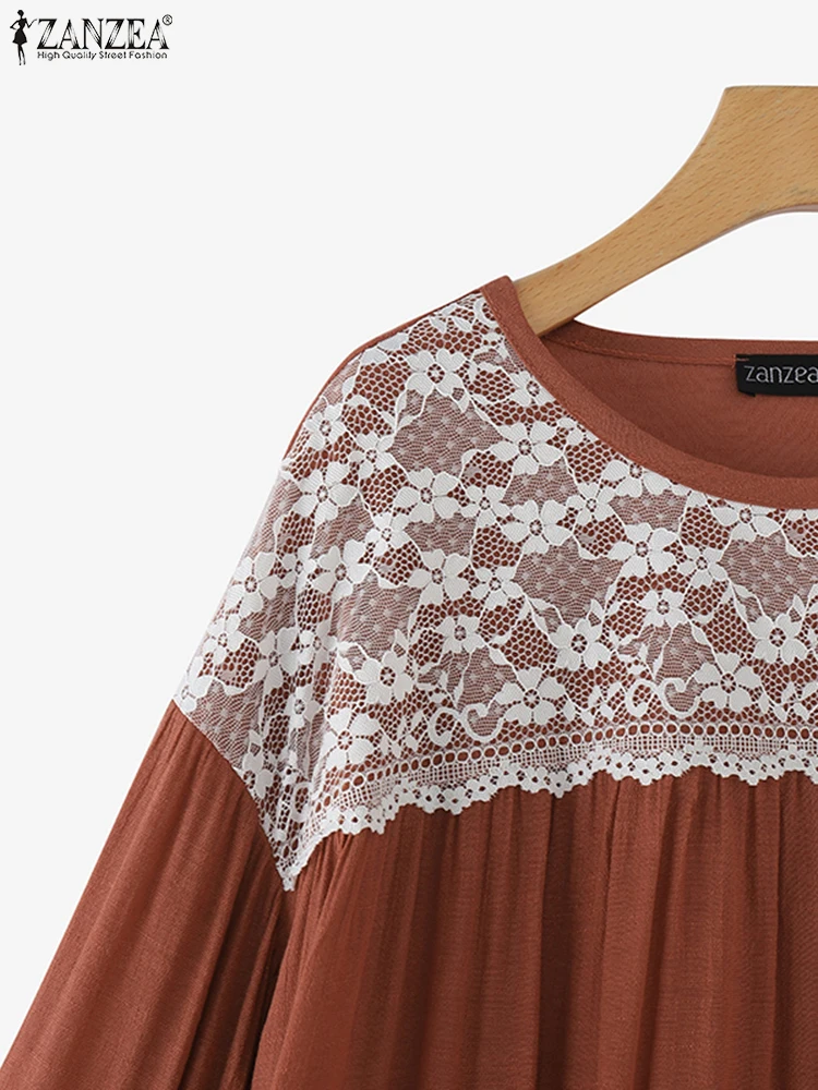 ZANZEA Camicetta da donna autunno Camicia con volant patchwork in pizzo 2025 Manica lunga Casual Vintage floreale all'uncinetto Top Tuniche larghe Tees