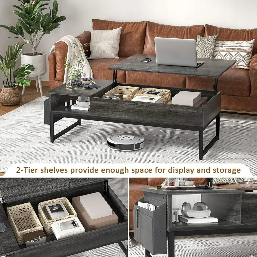 Lift Top Coffee Table with Storage, Wood Lifting Top Central Table Metal Frame, 43.3" Table with Side Pouch for Cocktail