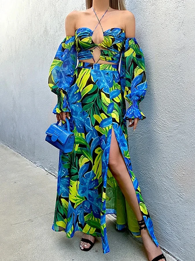 

Green And Blue Leaves Fashion Print Long-sleeved Lace-up Hanging Neck Sexy Women's One-piece Swimsuit And Long Beach Skirt Slit