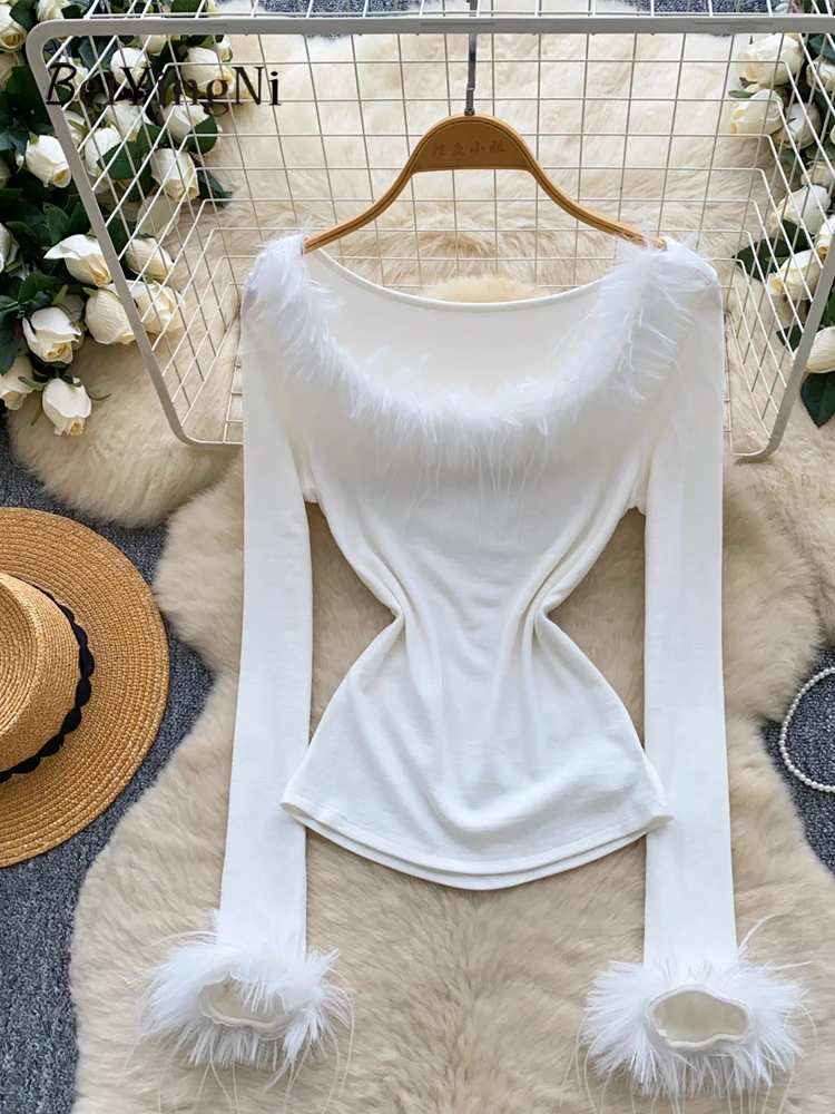 

Beiyingni 2025, осенне-зимние белые футболки для женщин, узкие черные топы с пухом, женские корейские повседневные шикарные сексуальные футболки Y2K