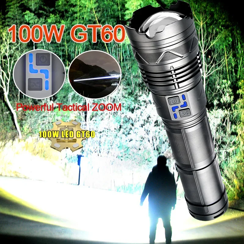 

High Power Tactical Rechargeable led flashlight long range very powerful Lantern 100W usb charging lamp Torch with indicator