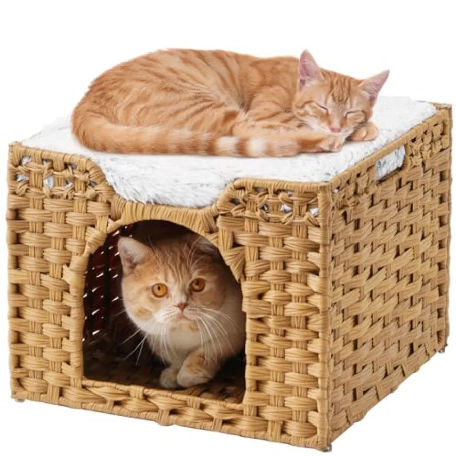 

Cat Beds Indoor Kitten House, Handwoven Rattan Cat Cave Pet Cube, Large Cat Houses, One Bed Mat, Foldable, Hideaway, 16.5x16.5x