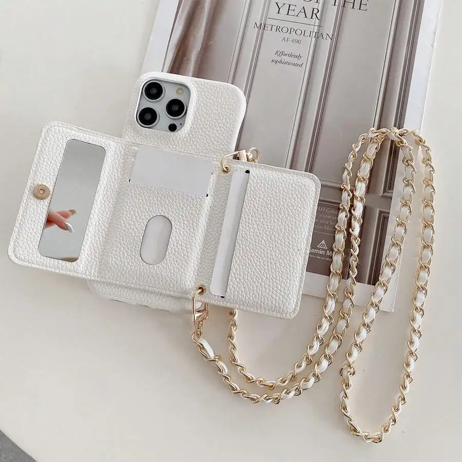 

White PU Leather Wallet Phone Case With Mirror Card Slot Lanyard For iPhone Samsung Pixel