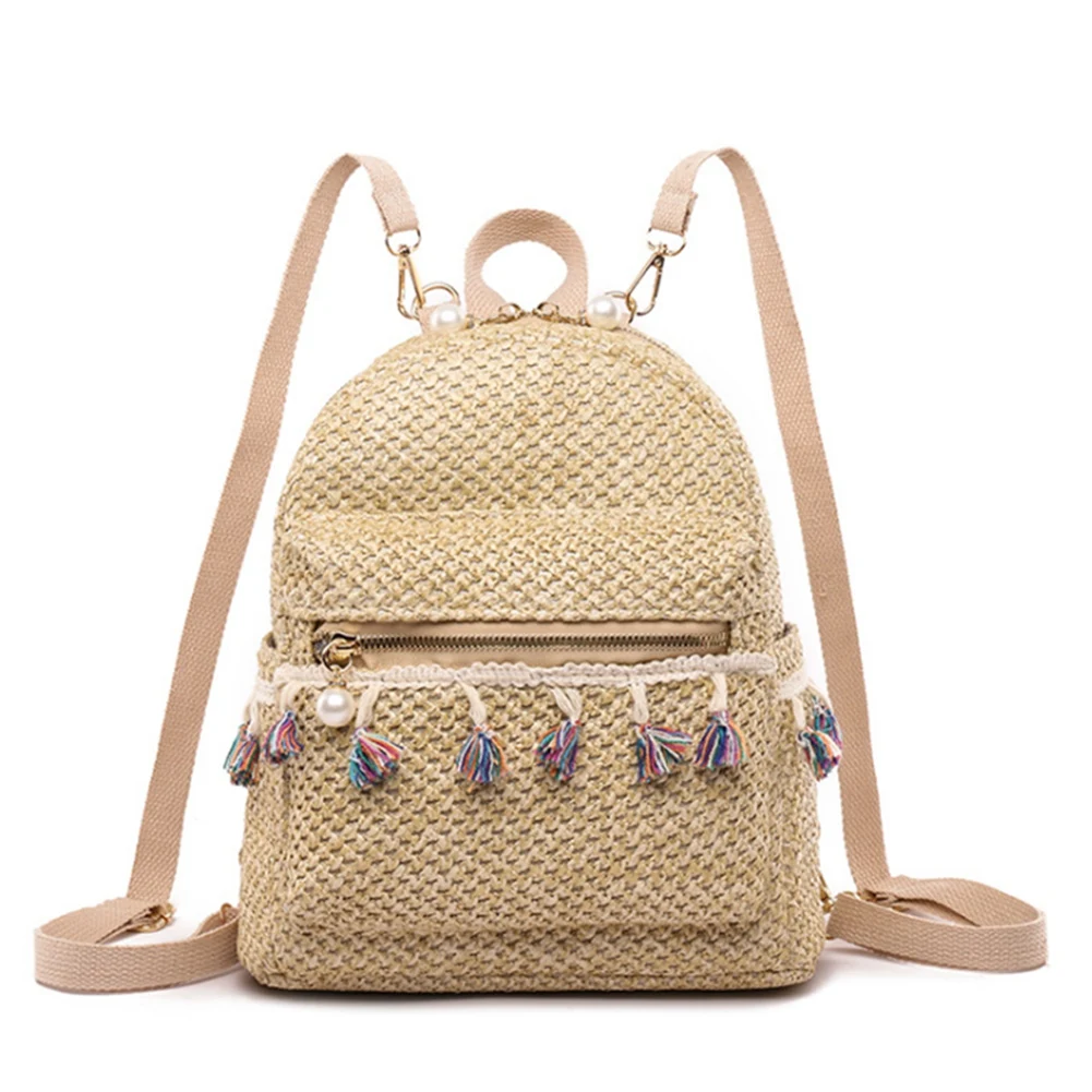 

Women Backpack Teen Girls Summer Beach Straw Weave Tassel Backpackk Female Casual Shoulder School