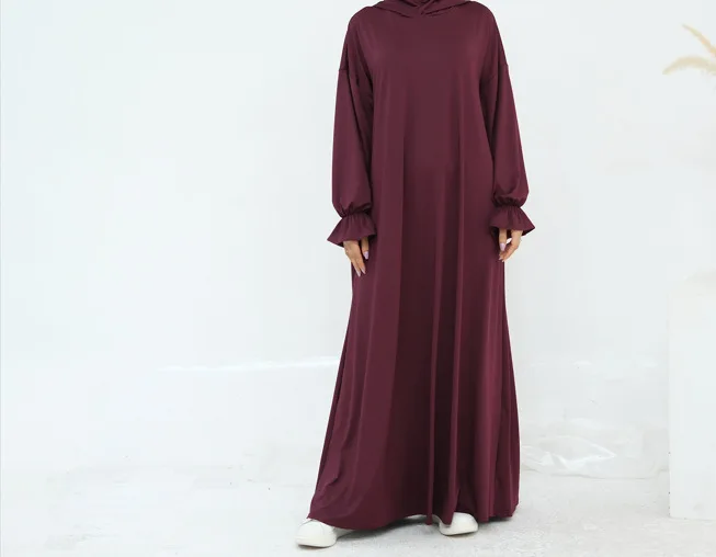 Novo design cor sólida elástico jérsei capuz abaya islâmico jilbab feminino moletom com capuz abaya vestidos muçulmanos para ramadan