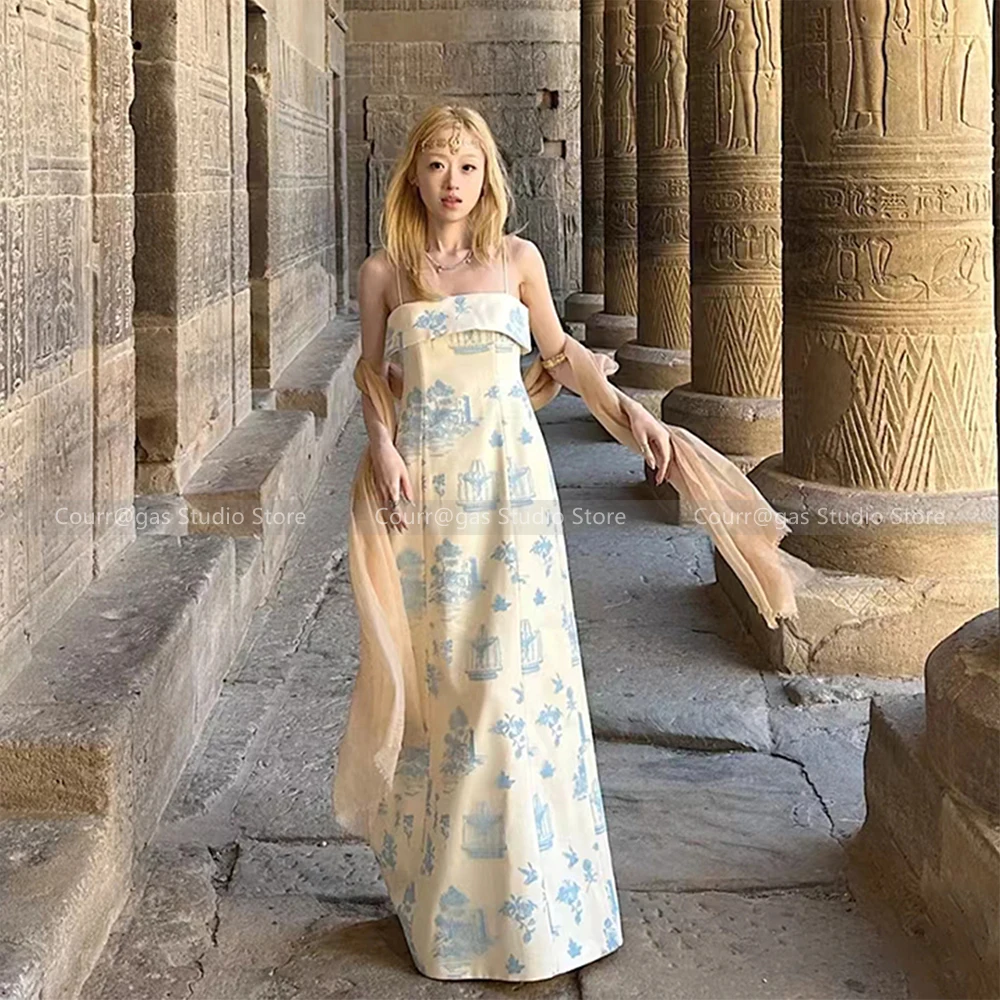 

New Chinese Retro Printed Halter Dress Women Premium Chic Seaside Vacation French Breasted Long Skirt