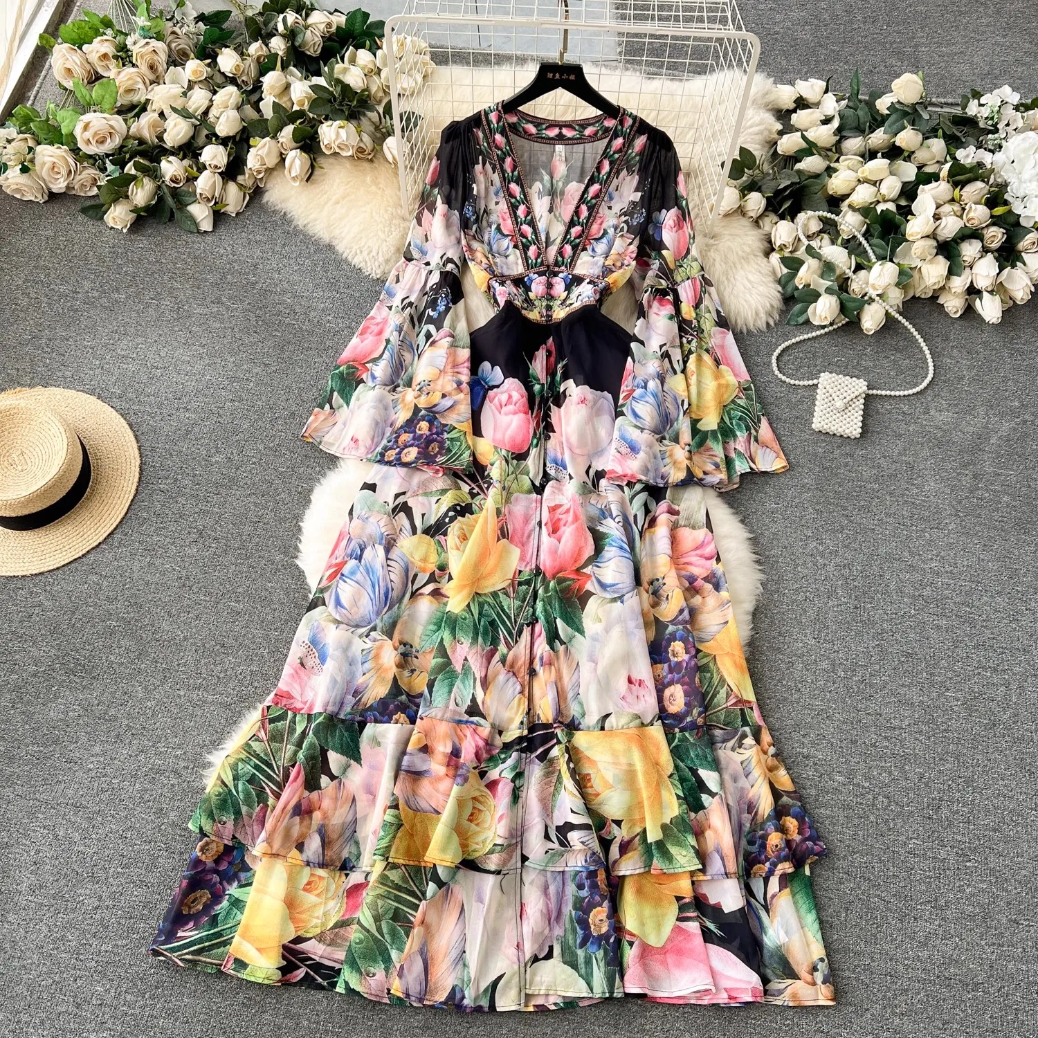 Summer Bohemain Gorgeous Flower Cascading Cake Dress Women's V-Neck Long Flare Sleeve Floral Print Holdiay Chiffon Vestidos 6397