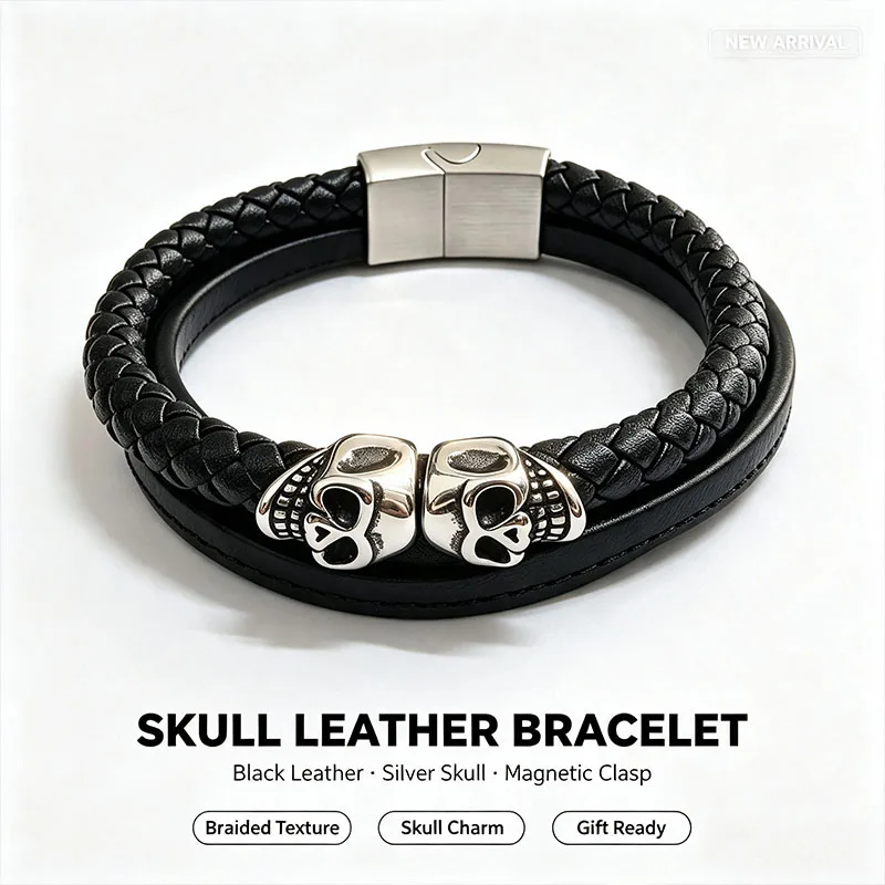 Punk Skull Decor Braided Leather Bracelet Stainless Steel Clasp Rust Resistant Mens Jewelry Gift Total Length 21cm