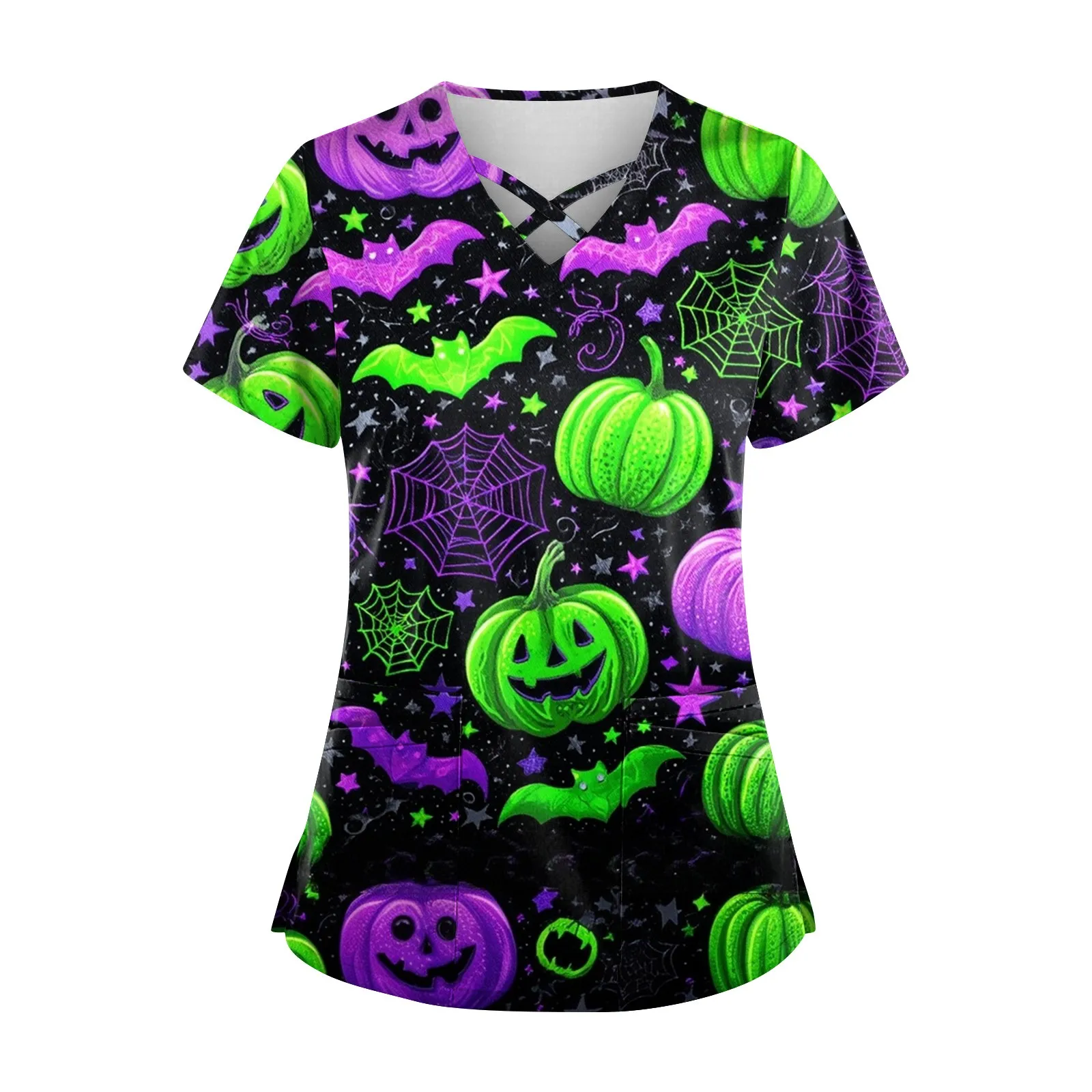 Women's Short Sleeve Crossover V Neck Halloween Print Pocket Nursing Top Medical Workwear Salon Clinic Nursing Uniform T-shirts