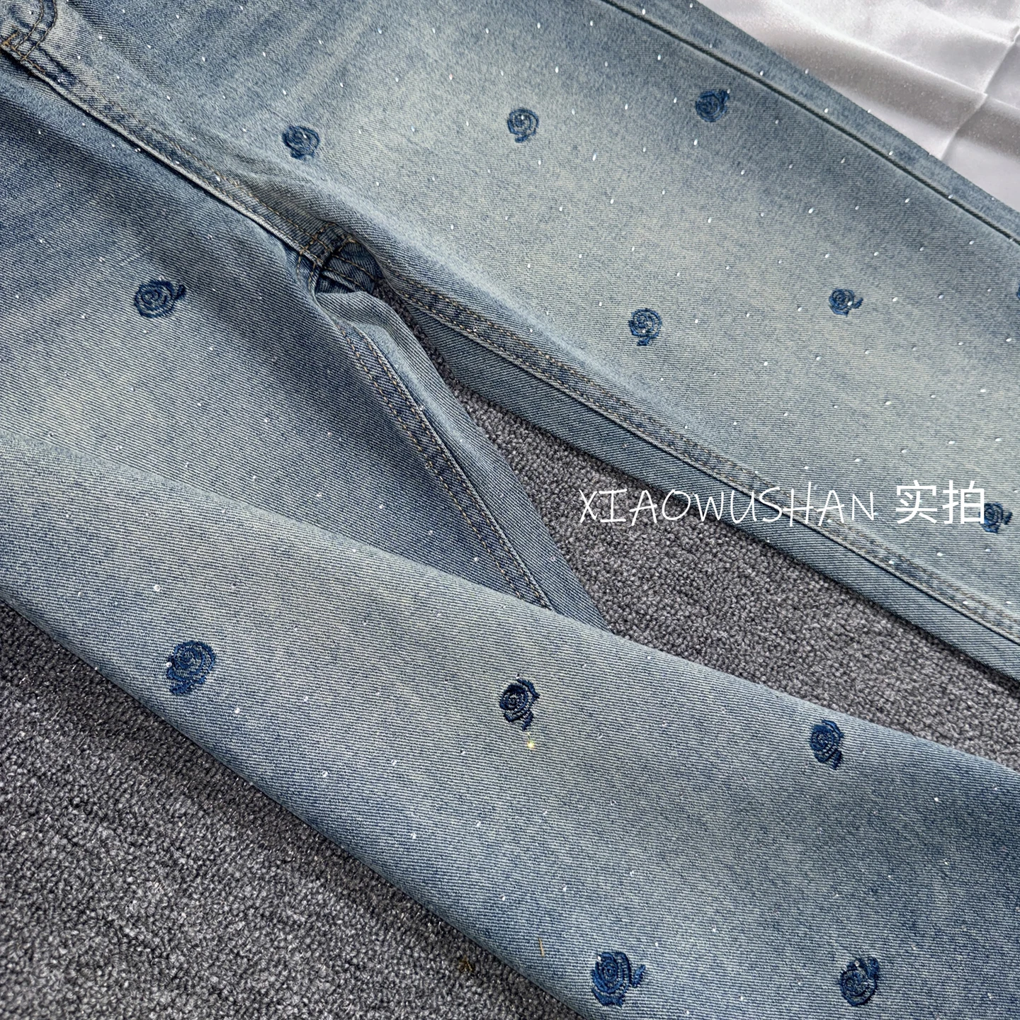 High Waist Wide Leg Rhinestone Jeans Women Blue Embroidered Vintage Rose Slimming Petite Stretch Loose Soft Casual Denim Pants