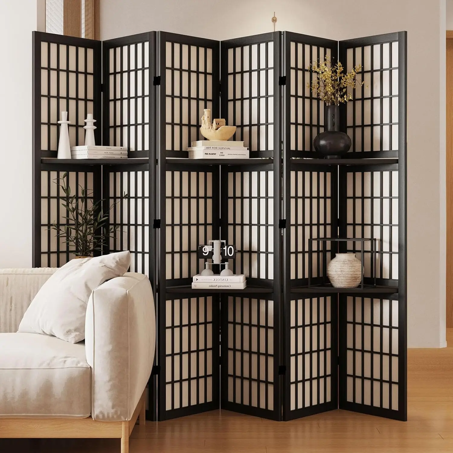 Separador de ambientes con estantes, biombo de madera estilo Shoji japonés de 66.9 pulgadas de alto con doble bisagra para oficina en casa, personalizado