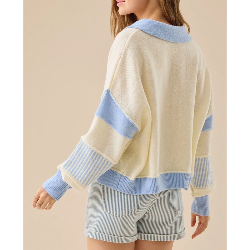 

Combhasaki Women Autumn Winter Knitwear Sweaters Lantern Long Sleeve Lapel V-Neck Contrast Color Striped Patchwork Loose Fit Top