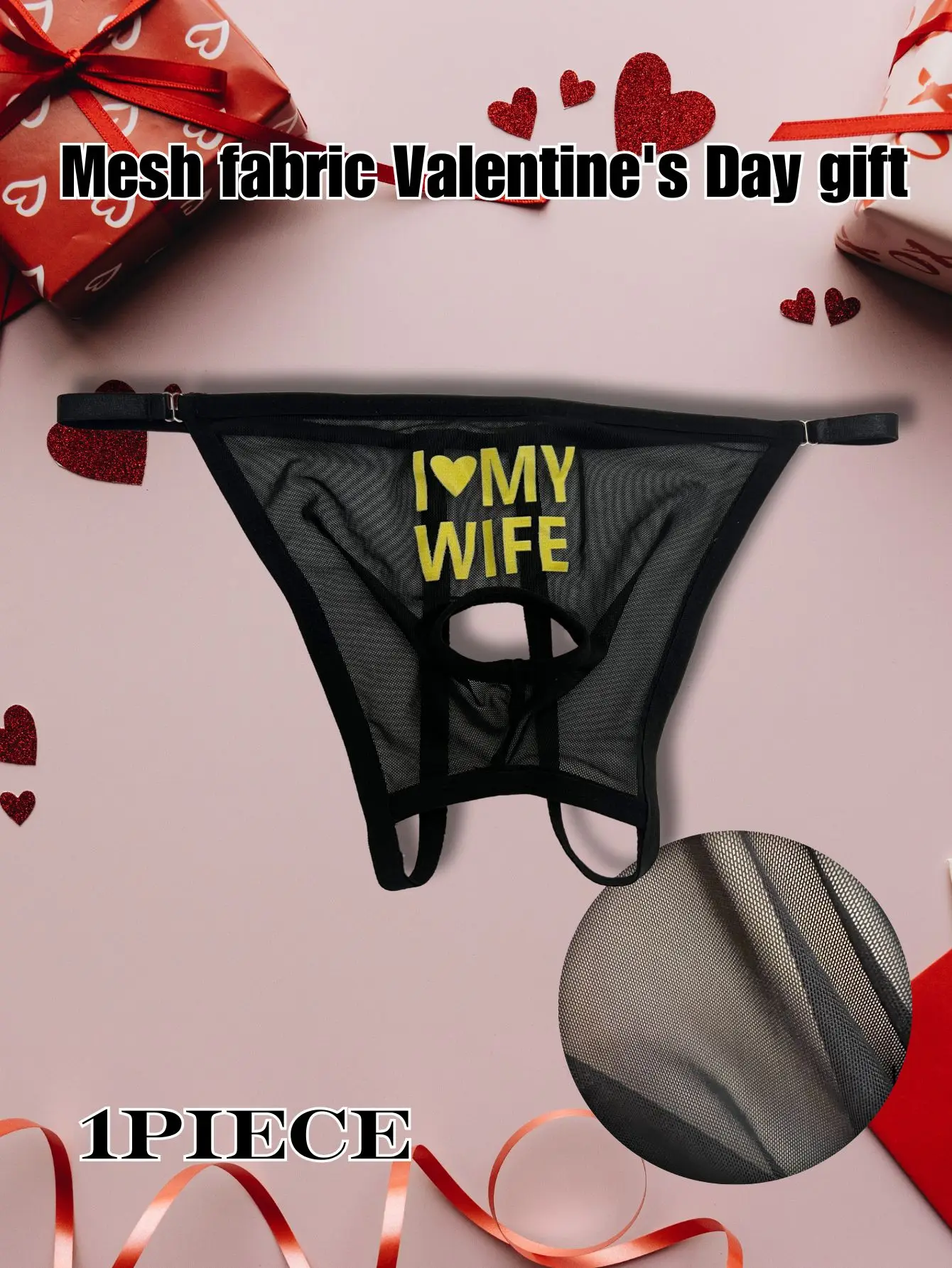 

1pc high-quality mesh sexy thong underwear for men, with 'I LOVE MY WIFE' letter print, hollow crotch, skin friendly