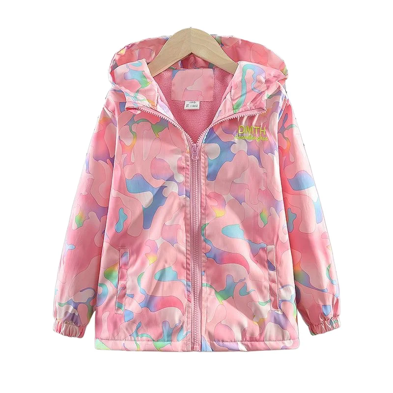 Girls Waterproof Hooded Sweet Printed Fleece Lined Zip Hiking Jacket School Kids Outfit Windbreaker Tops Child Track Coat 3-14Yr