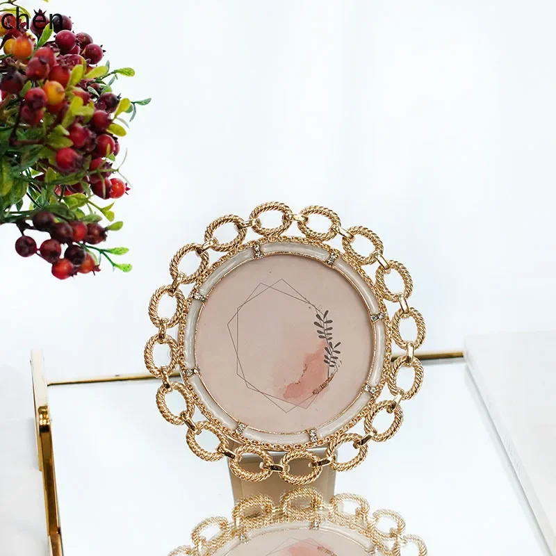 L20- Metal Inlaid Rhinestone Round Photo Frame Home Decoration Romantic Photo Frame