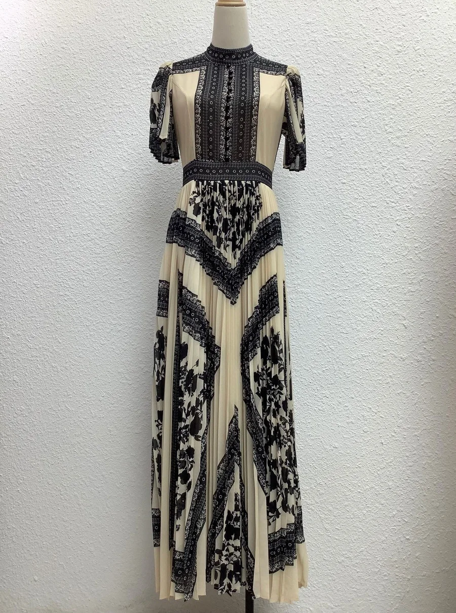 

European and American Women's Clothing 2025 Summer new style Short-sleeved stand-up collar Retro printed pleated dress