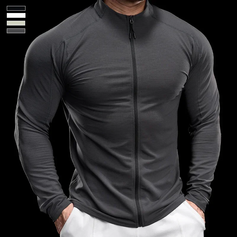 Men Sports Fitness Jacket Autumn Elastic Quick-drying Slim Long-sleeved Gym Training Clothes Outdoor Running Zipper Coat