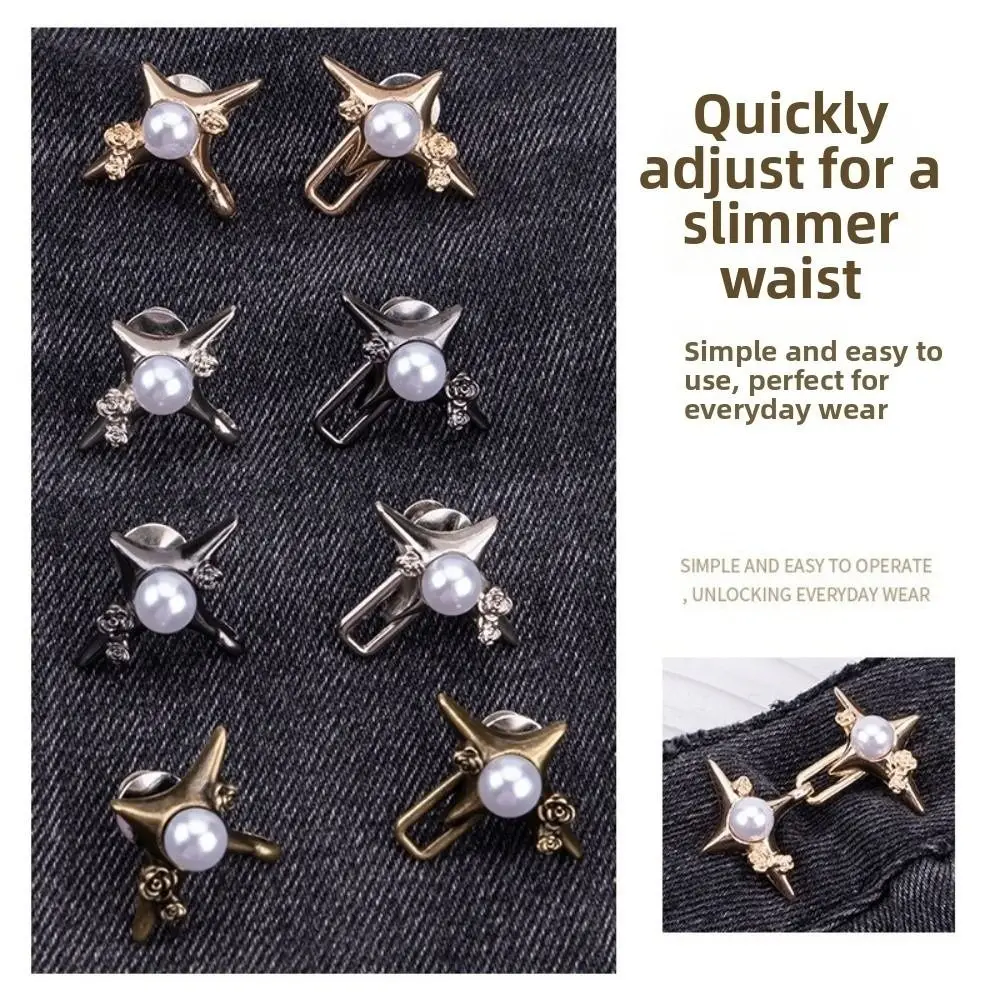 Adjustable Waist Jeans Waist Tightener Four-Point Star Imitation Pearl Removable Jean Button No-Sew Pants Pins