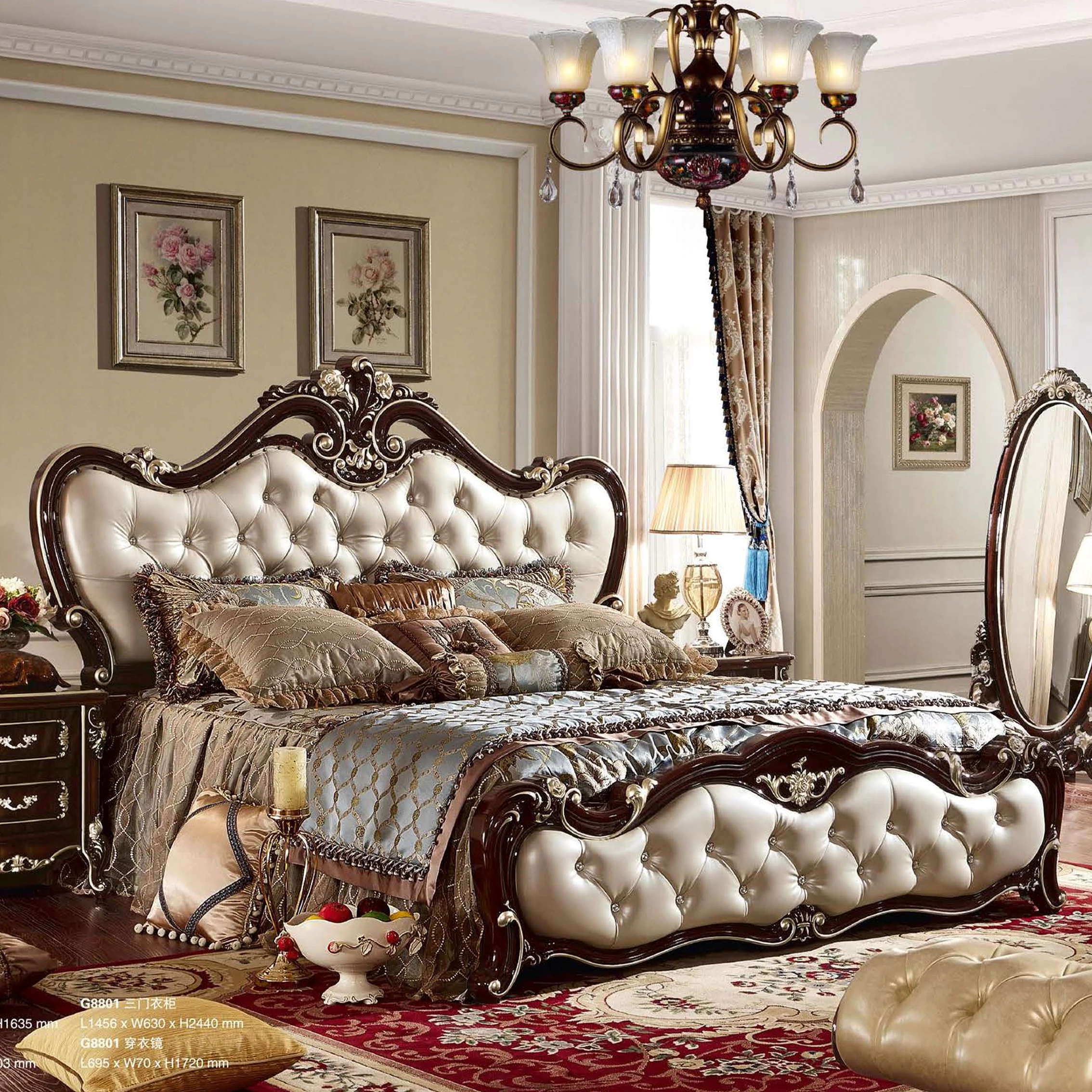 New Design French Luxury Bedroom Bed Furniture European Royal Classic Carved Queen king Size Solid Wood Frame Leather Double Bed